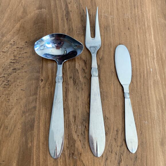 Sival Inger Stainless Flatware Denmark 3 Pc Glossy Ladle Fork Spoon Butter Knife - Picture 1 of 14